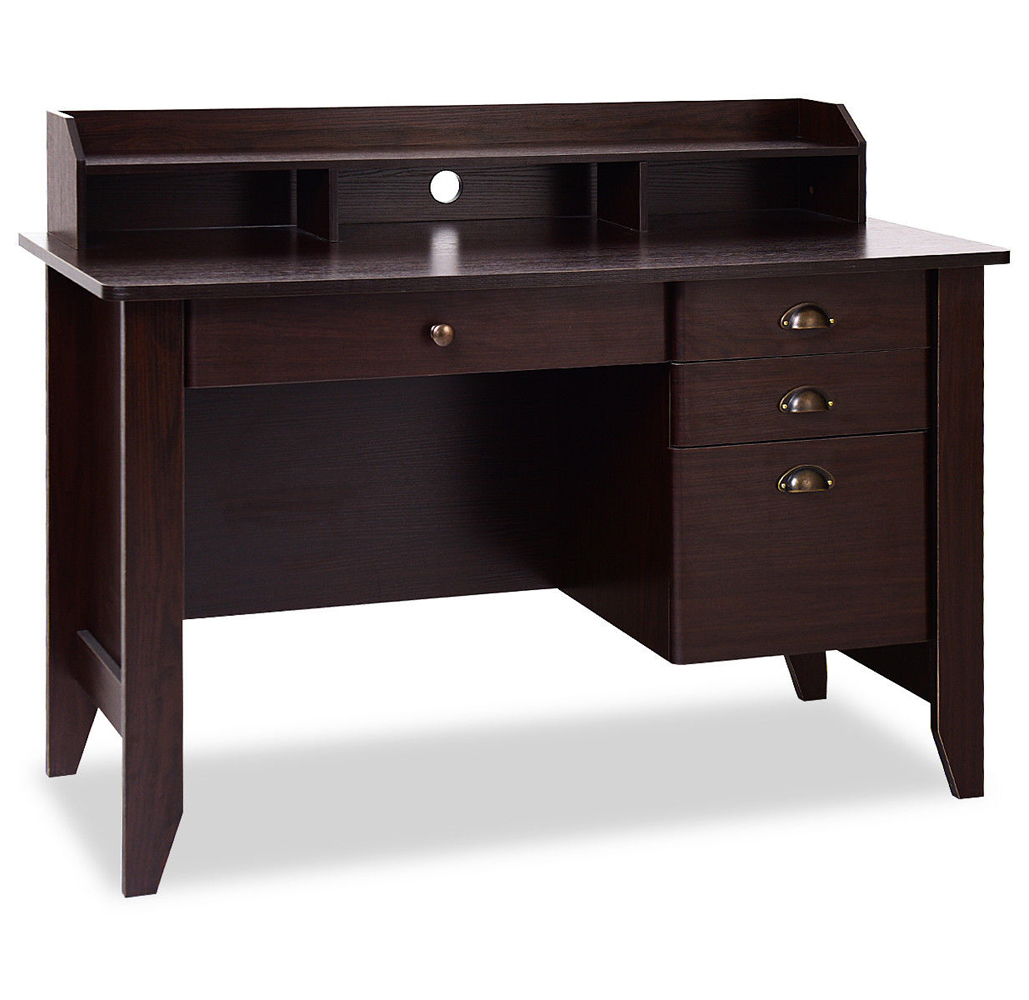 Photos - Office Desk Costway 4-Drawer Writing Desk with Upper Shelf - Brown HW54474BN-UNTILGONE 
