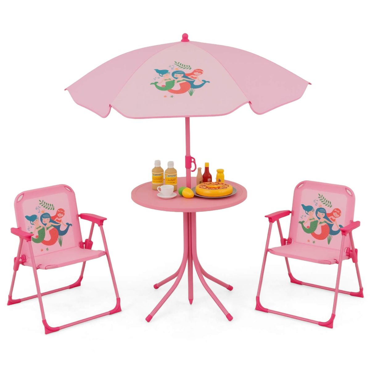 Photos - Garden Furniture Costway Kids' Picnic Table & Chair Set with 2 Folding Chairs & Umbrella - Kids Picnic Set-Pink HCST07363 