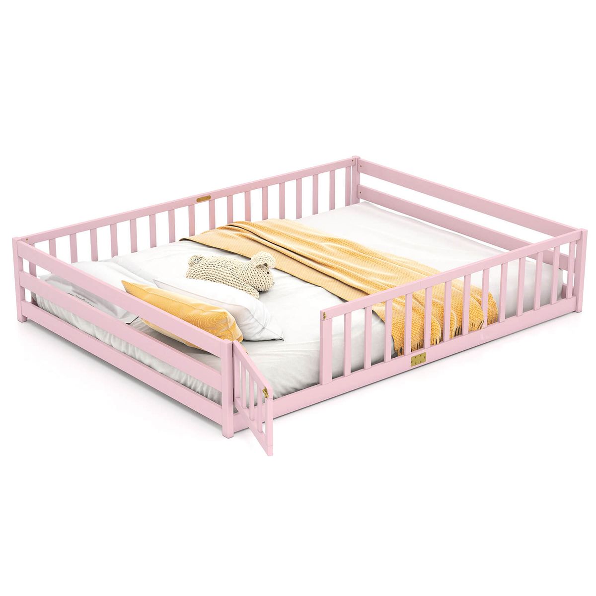 Photos - Bed Frame Costway Queen Size Floor Bed with Full Length Safety Guardrails - Pink HCST10141 