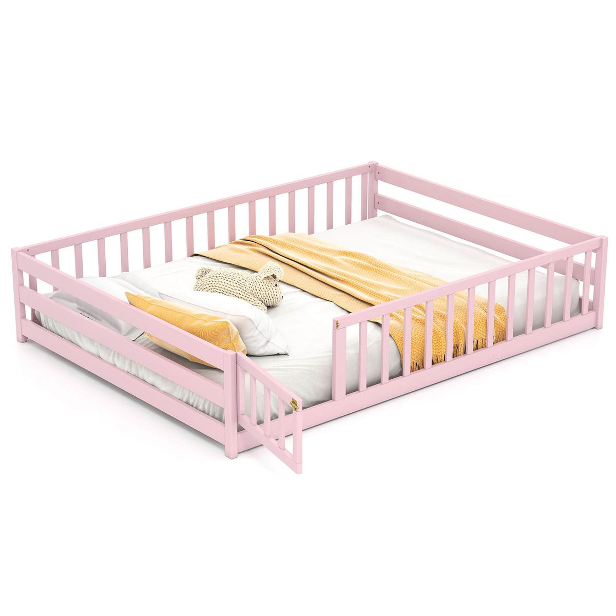 Photos - Bed Frame Costway Full Size Floor Bed with Safety Guardrails - Pink HCST10366 