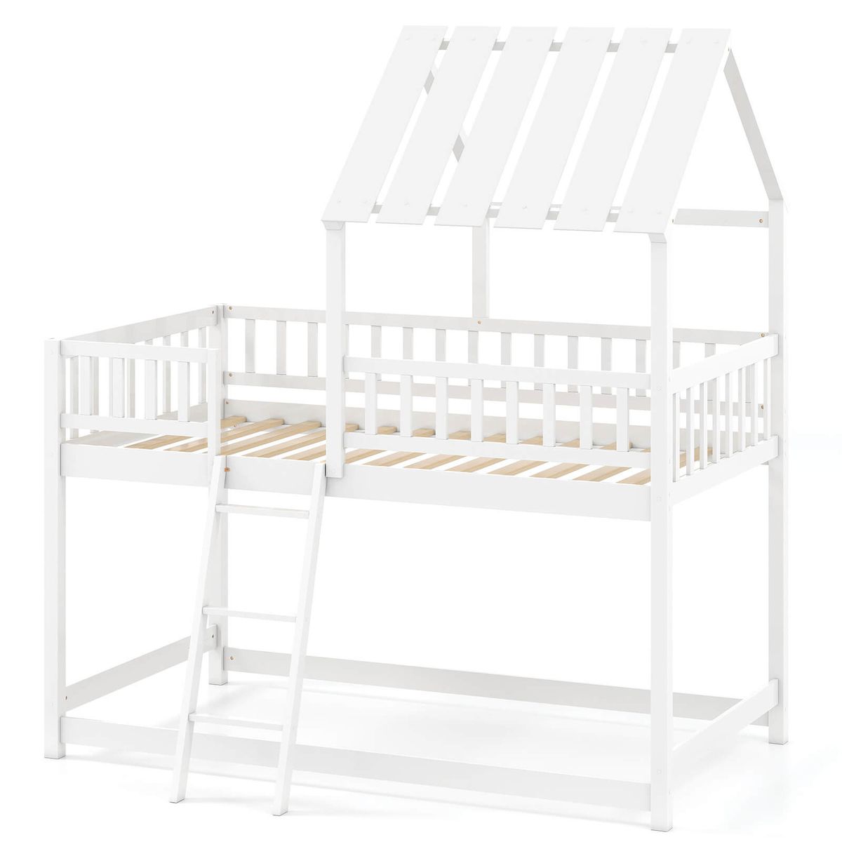 Photos - Bed Frame Costway Twin Bunk Bed House with Roof and Full-length Guardrails - White HCST10078 