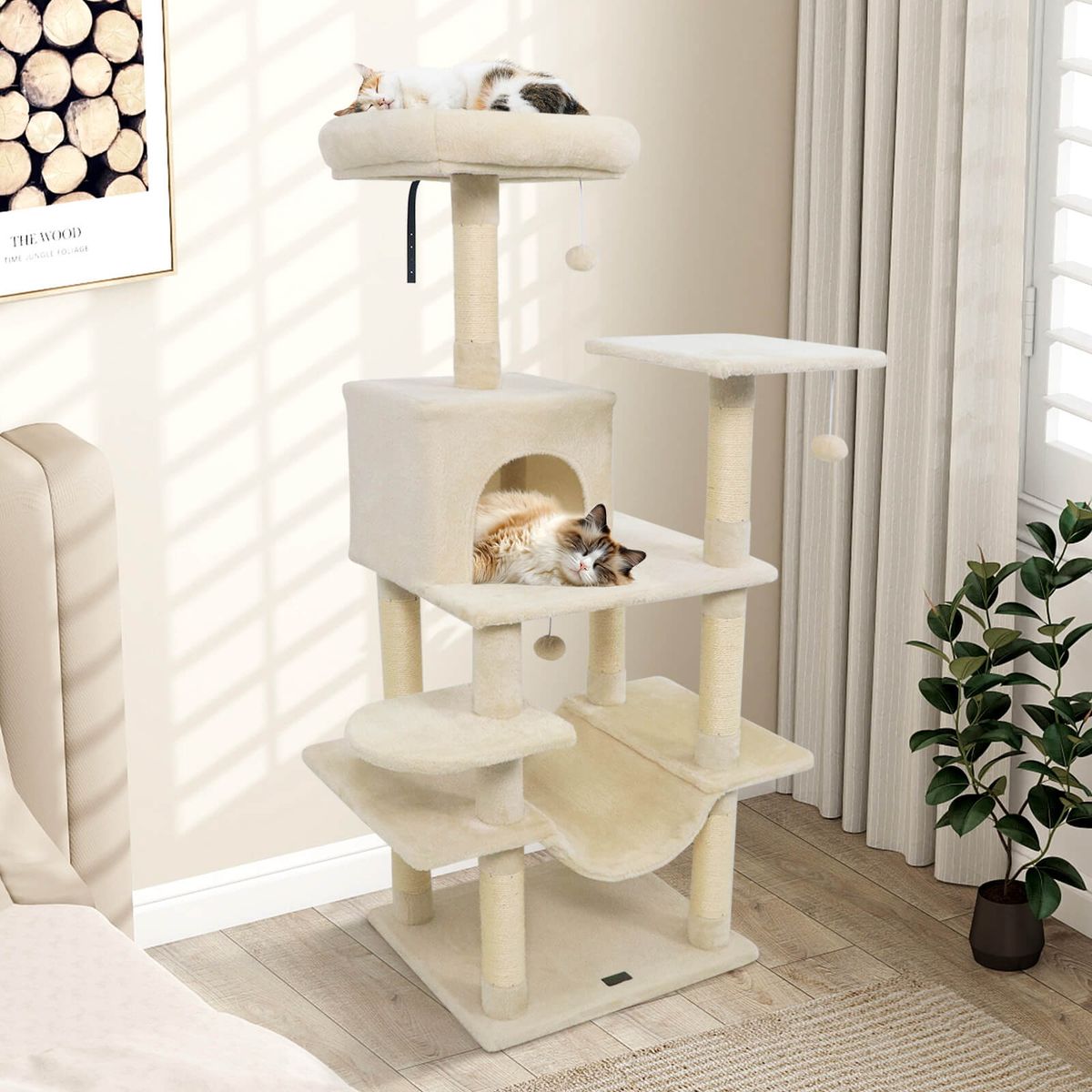 Photos - Bed & Furniture Costway 58” Tall Multi-Level Cat Tree with Upholstered Perch and Cat Condo - Beige HCST11077 