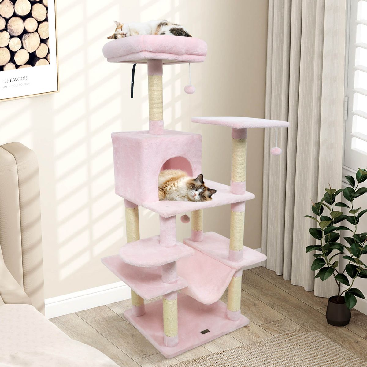 Photos - Bed & Furniture Costway 58” Tall Multi-Level Cat Tree with Upholstered Perch and Cat Condo - Pink HCST11080 