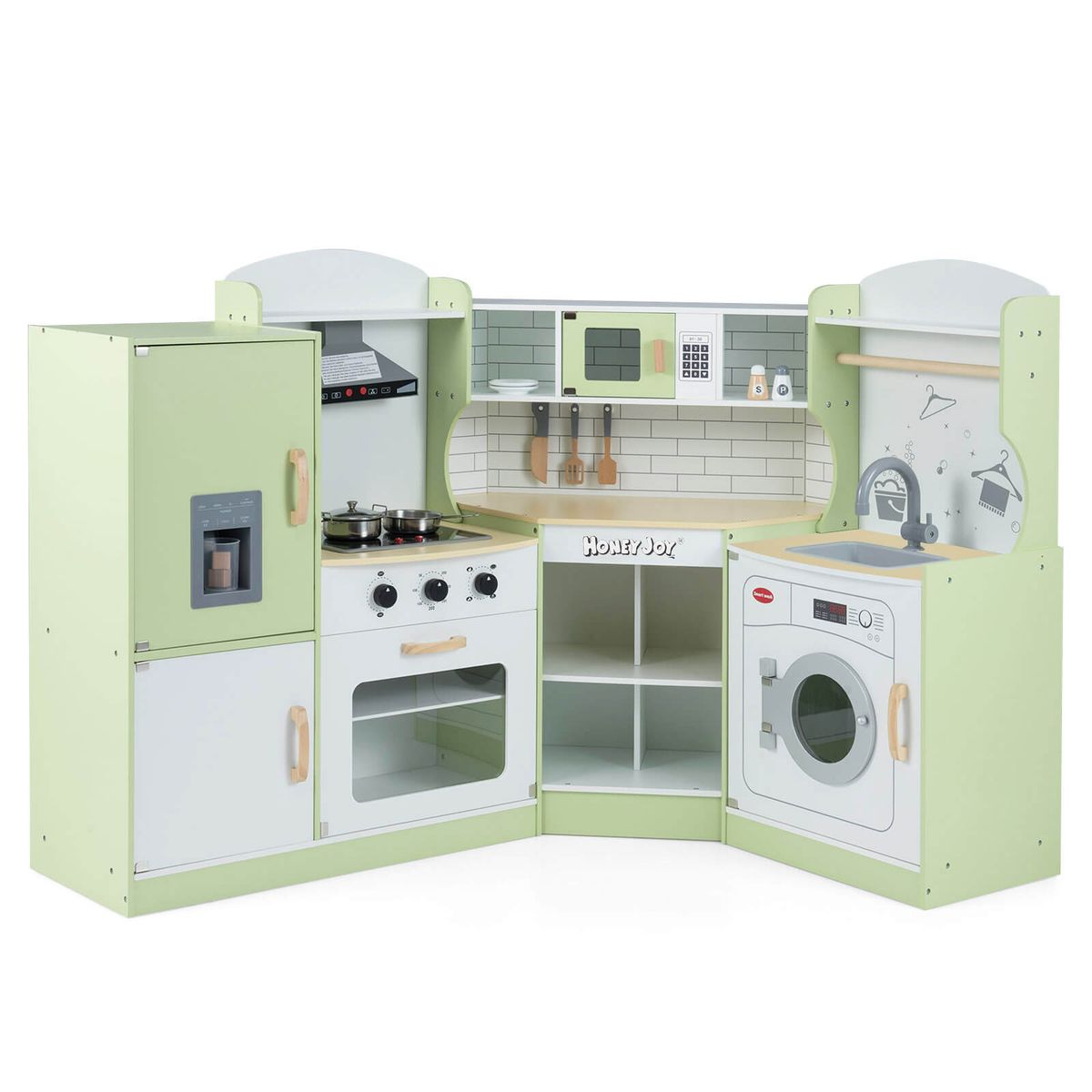 Photos - Role Playing Toy Costway Wooden Corner Kitchen Playset with Storage Space - Green HCST10456