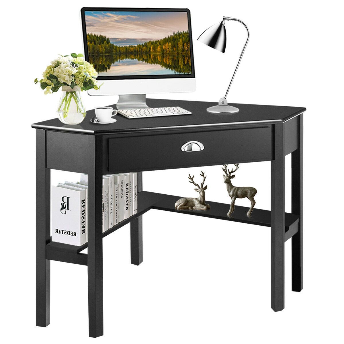 Photos - Office Desk Costway Corner Computer  - Triangle Computer Desk-Black HW53866BK 
