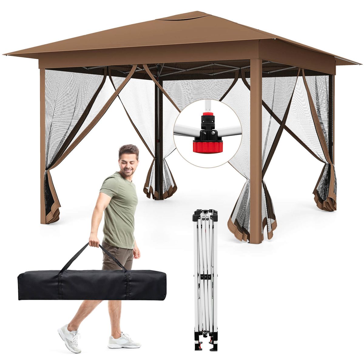 Photos - Garden Furniture Costway Easy Pop-up Canopy with Mesh Screen Netting - Brown HCST12416 