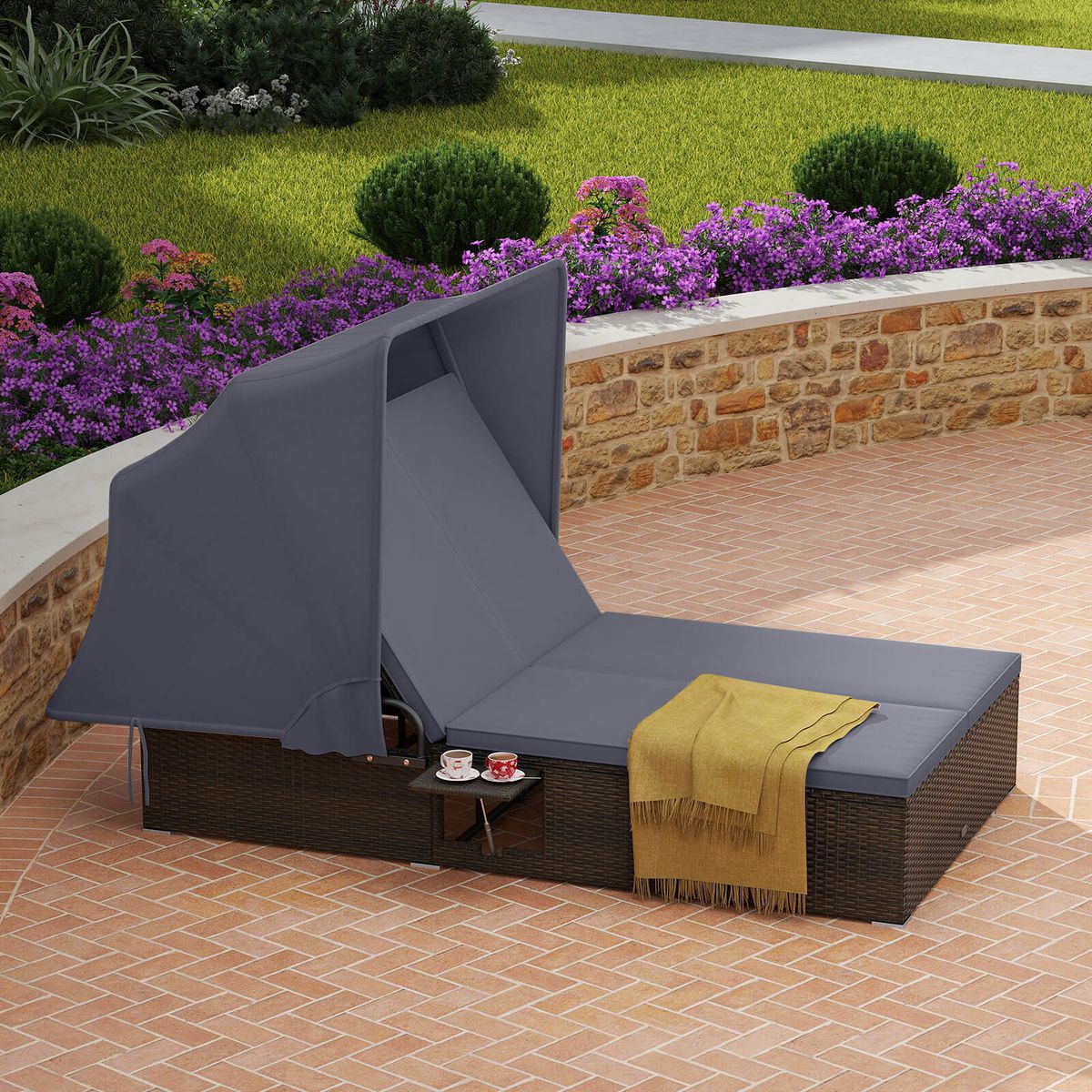 Photos - Garden Furniture Costway 2-Person Rattan Lounge Bed with Retractable Canopy - Gray HCST11395 