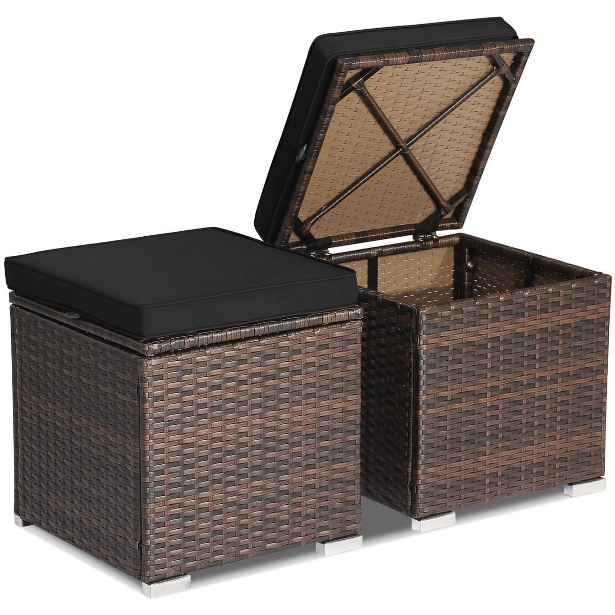 Photos - Garden Furniture Costway Patio Rattan Ottomans with Hidden Storage Space  - 2PCS Rattan Ottomans Black + Black HCST03292 (Set of 2)