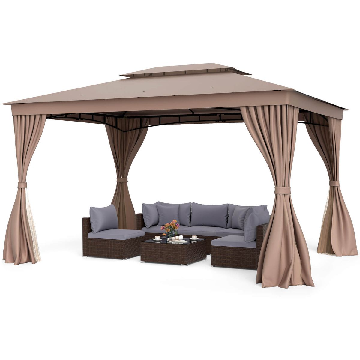 Photos - Garden Furniture Costway Outdoor Double Roof Gazebo Tent - Coffee HCST12525 