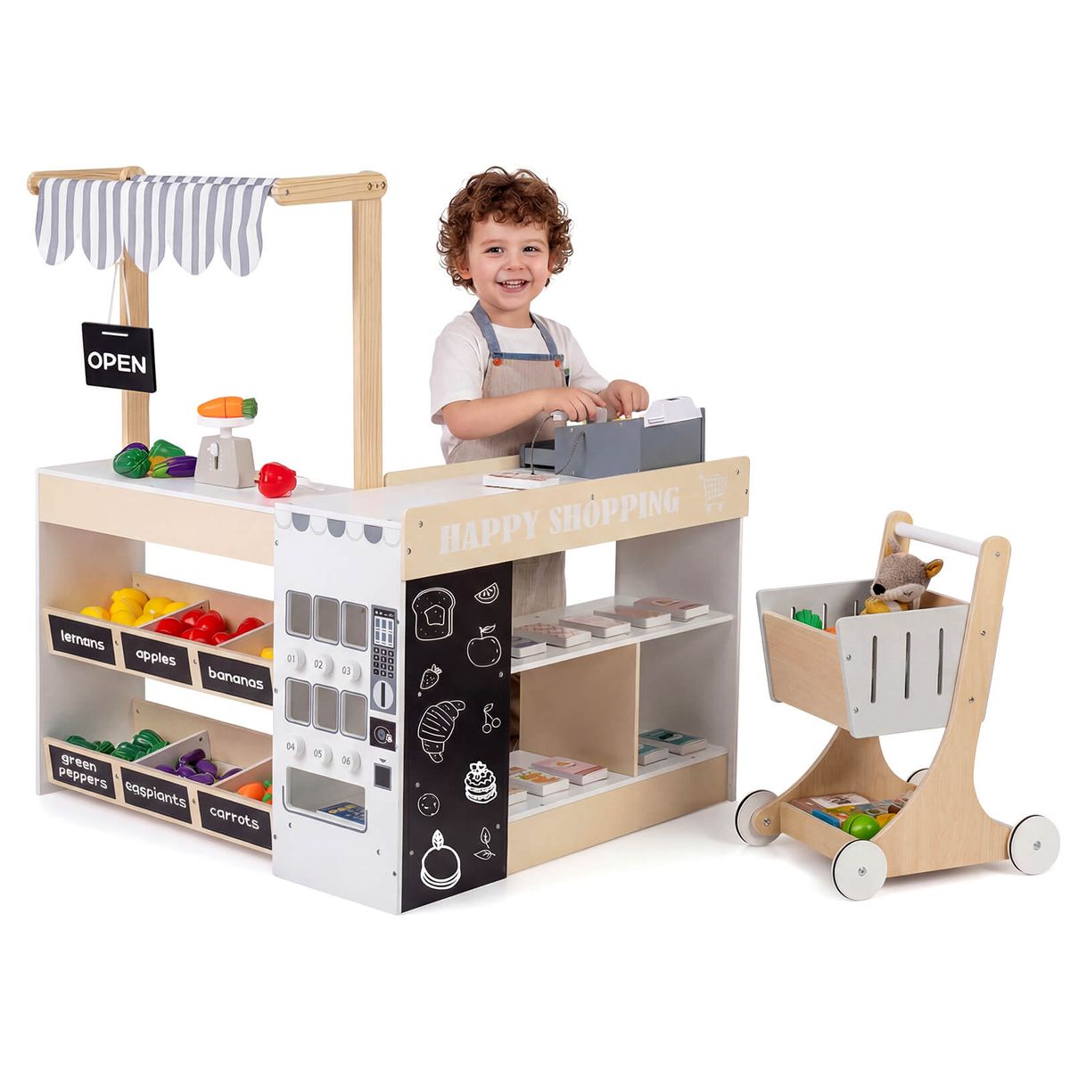 Photos - Role Playing Toy Costway Kids Grocery Store Playset with Play Food and Cart - Natural + White HCST11870 