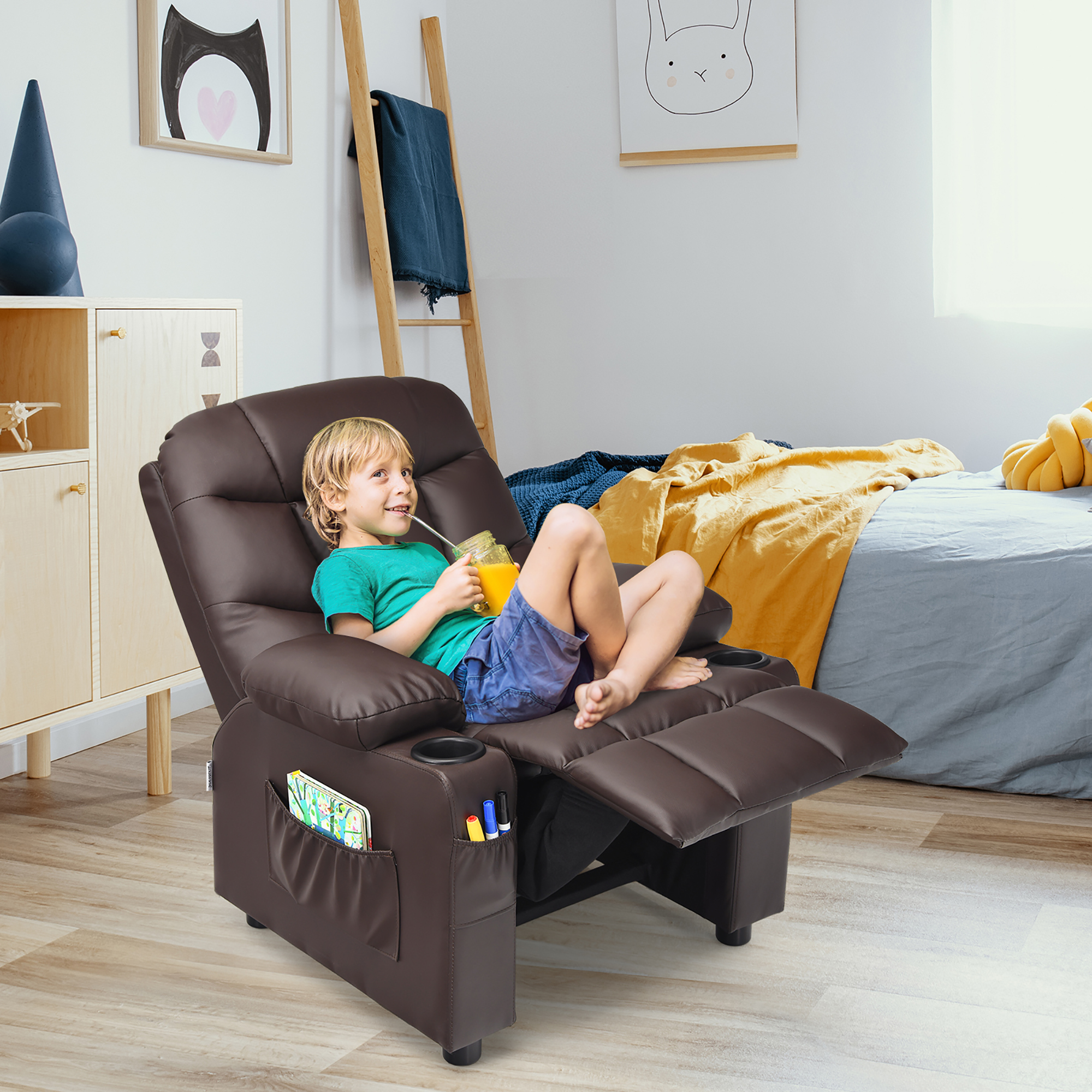 Photos - Sofa Costway PU Leather Kids Recliner Chair with Cup Holders - Recliner Chair COFFEE HW66955CF 