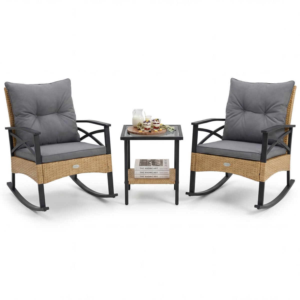 Photos - Rocking Chair Costway 3-Piece Rattan  Set with 2-Tier Side Table - Natural + Gray HCST12976 