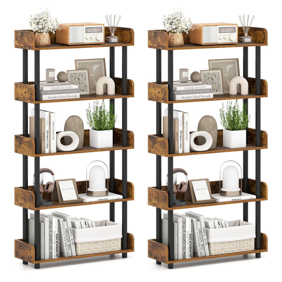 Photos - Wall Shelf Costway 5-Tier Bookshelf with Anti-Failing Guardrails - Brown & Black-2-Piece HCST11744 
