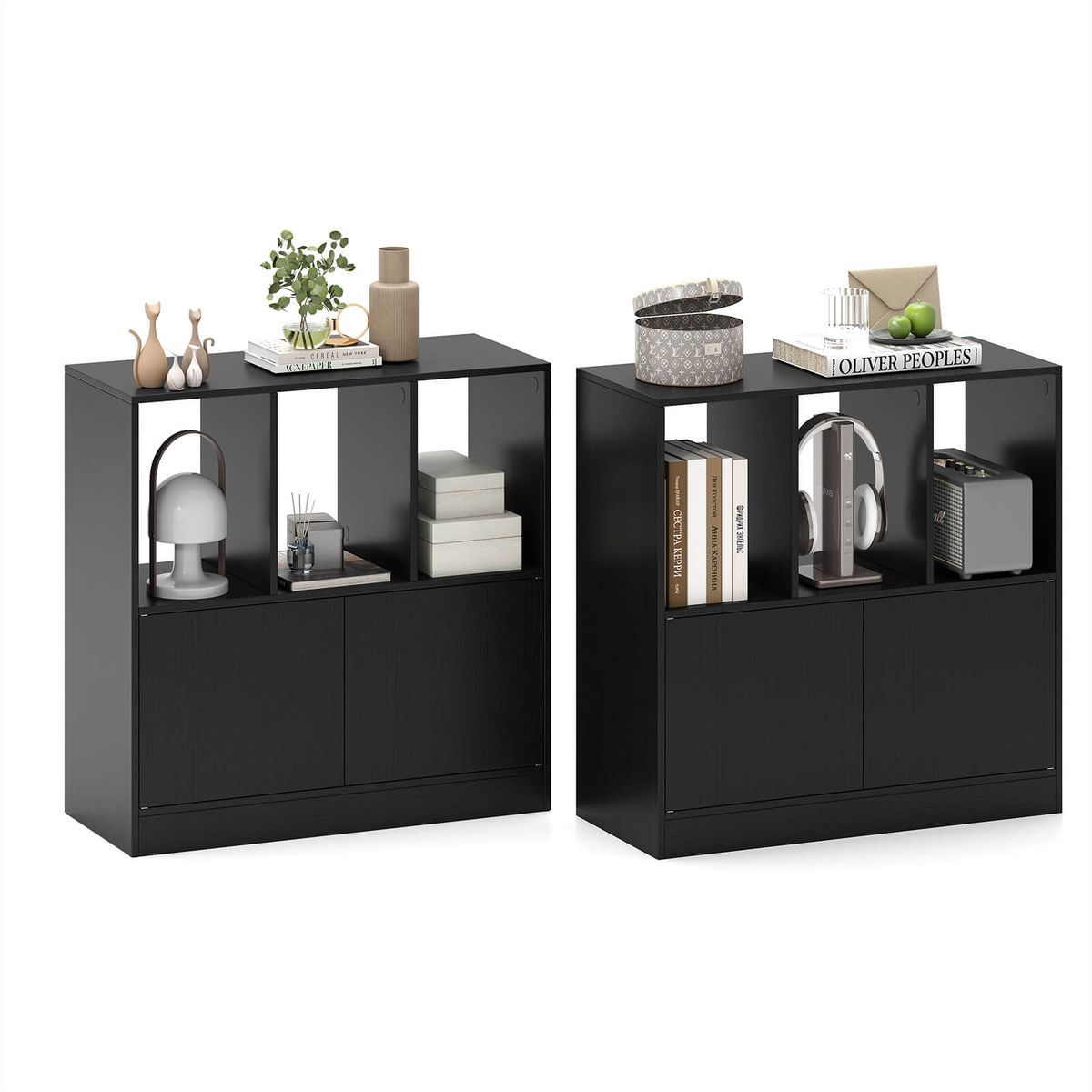 Photos - Wall Shelf Costway Cube Bookcase with Doors and Cabinet - Black-2-Piece HCST11369 
