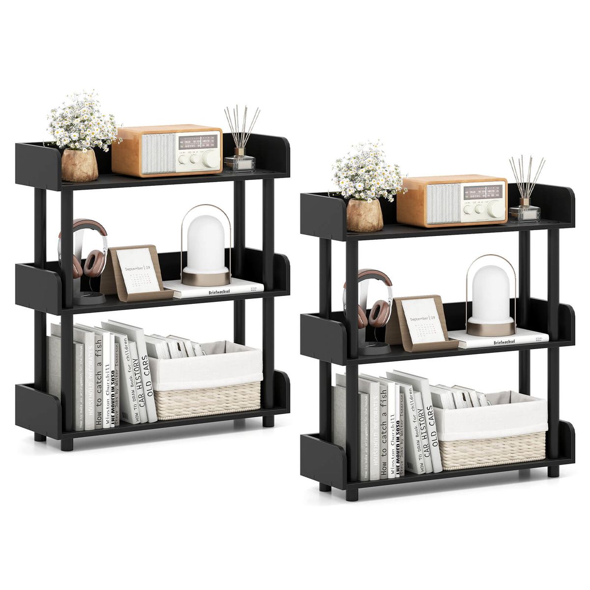 Photos - Wall Shelf Costway 3-Tier Bookshelf with Anti-Tipping Kit and Guardrails - Black-2-Piece HCST11134 