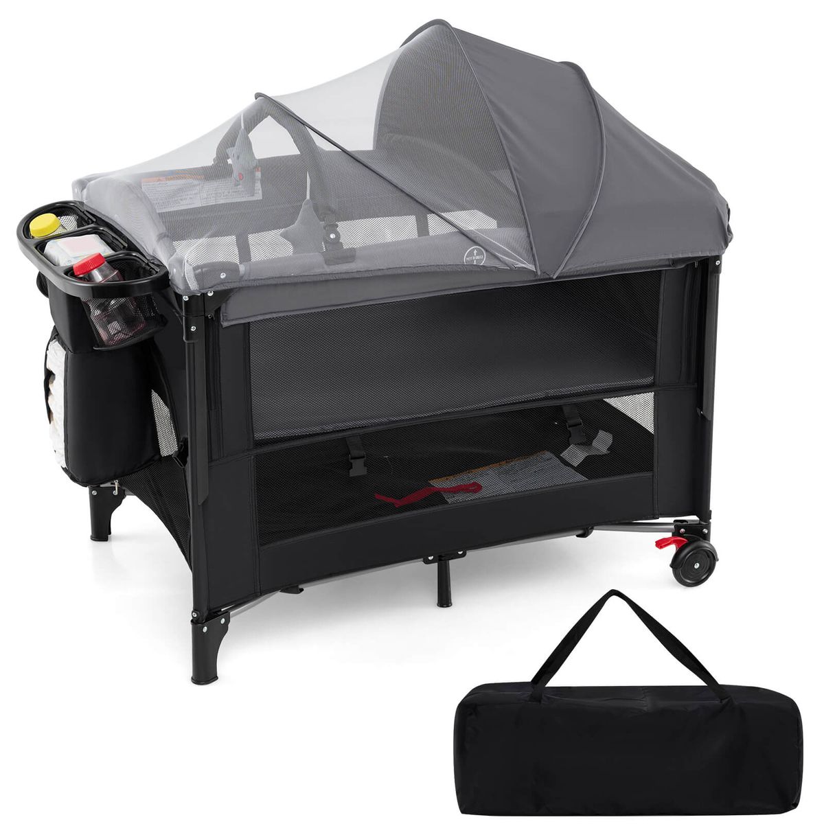 Photos - Cot Costway Portable Crib with 4-Side Visible Mesh and Changing Table - Black HCST07155 