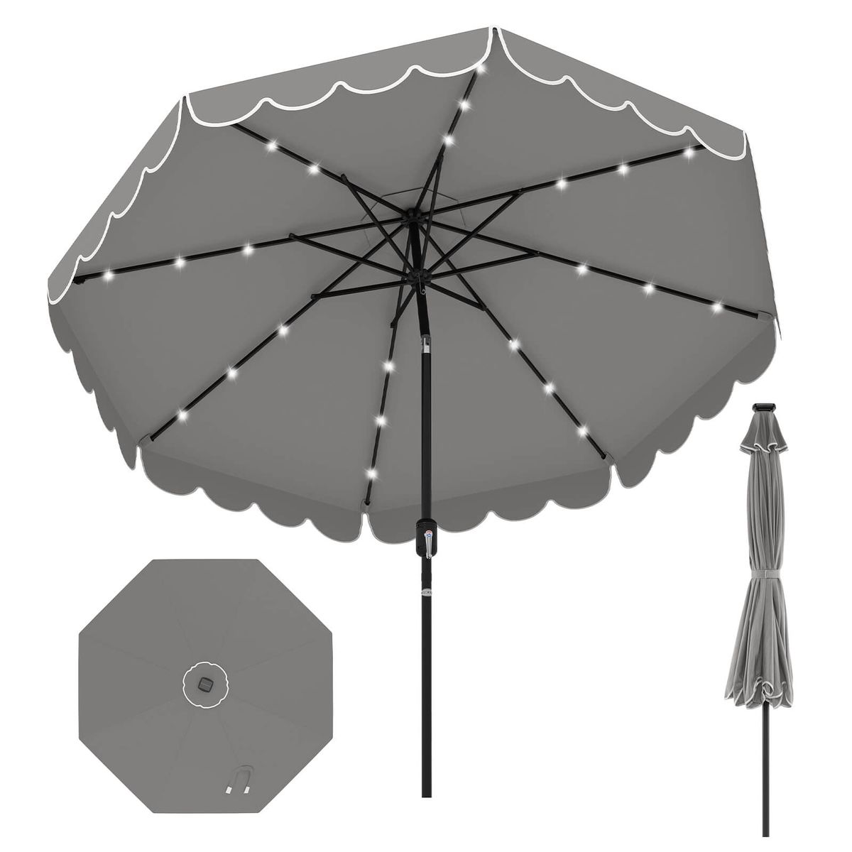 Photos - Parasol Costway Patio Umbrella  - 10ft Umbrella Gray w/ Lights HCST07797 (With or Without Solar Lights)
