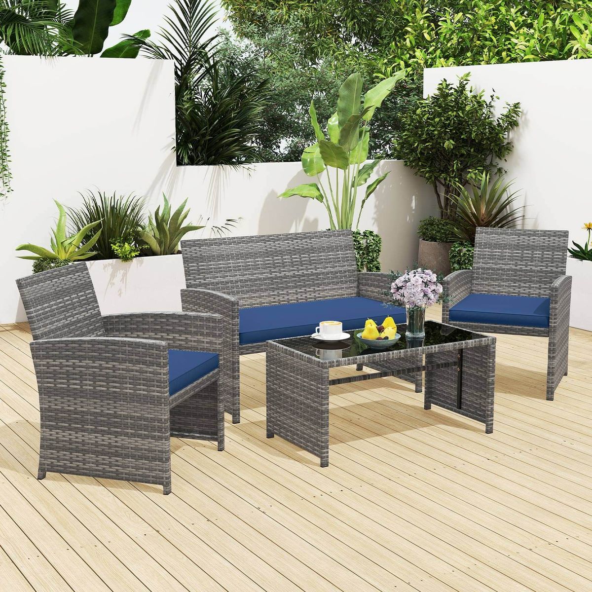 Photos - Garden Furniture Costway Patio Conversation Set  - Navy + Gray HCST10705 (4 Pieces)