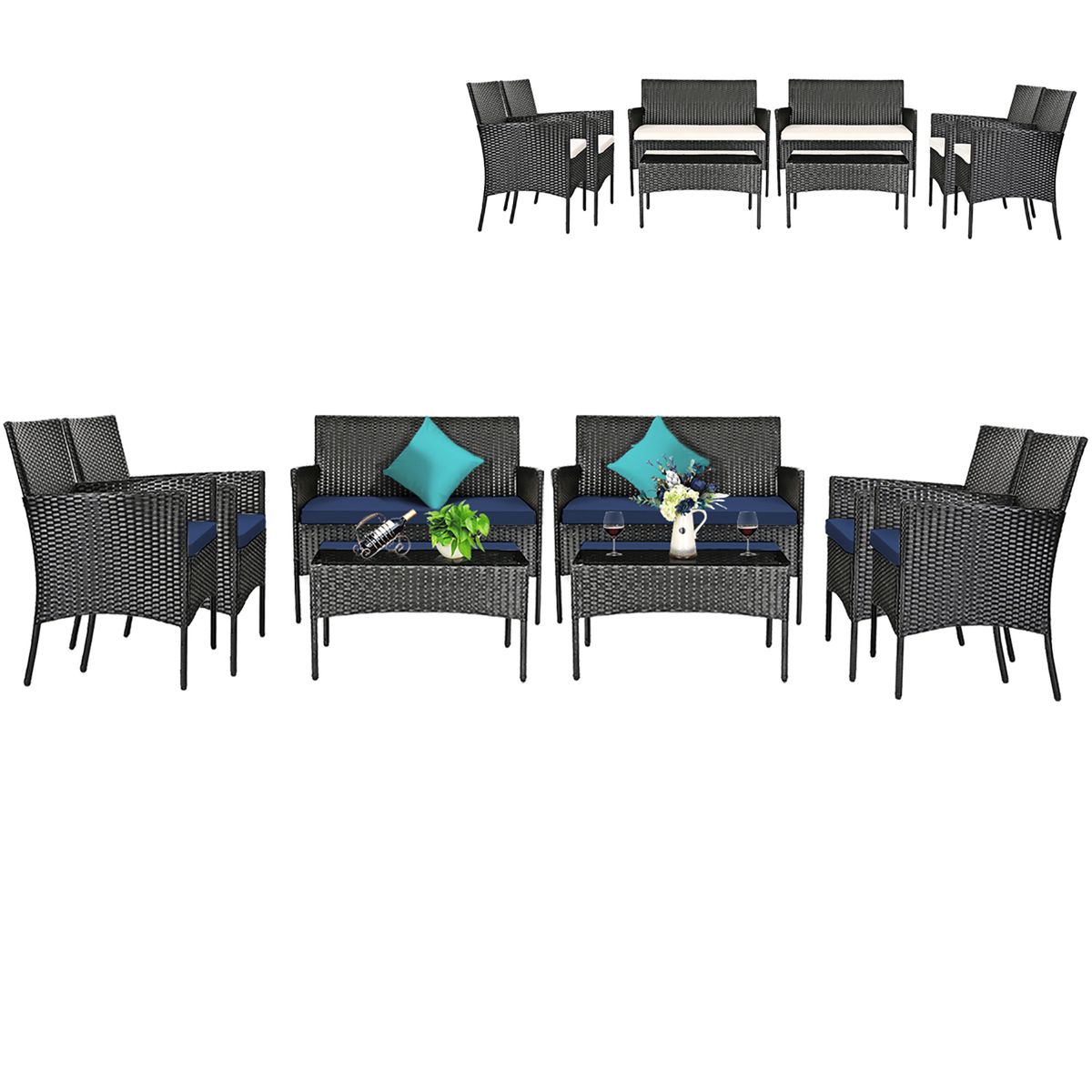 Photos - Garden Furniture Costway Patio Wicker Furniture Set with Coffee Table  - 8PCS 2*HW65357WH-NY (4- or 8-Piece)