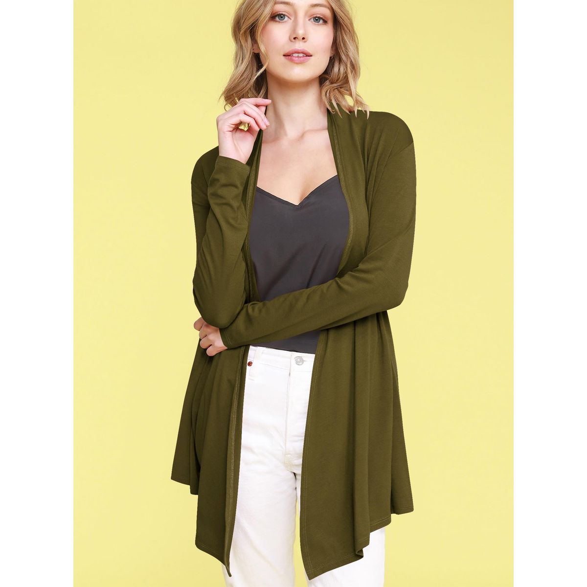 Women's Open Front Knit Cardigan Sweater - OLIVE / S