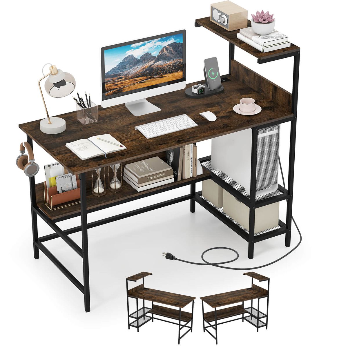 Photos - Office Desk Costway 48” Computer Desk with Power Outlets & Storage Shelves - Computer Desk-Brown HCST12522 