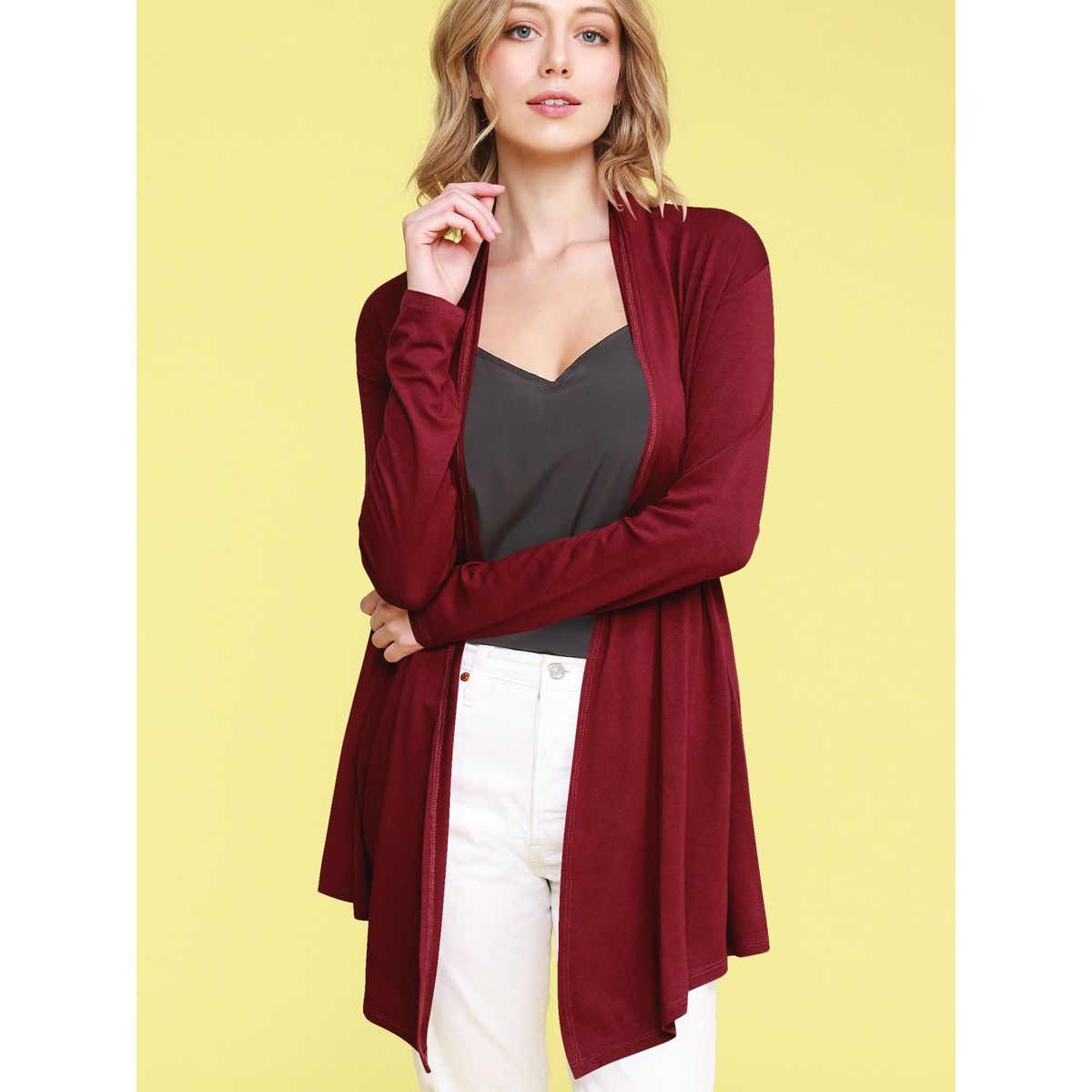Women's Open Front Knit Cardigan Sweater - WINE / L