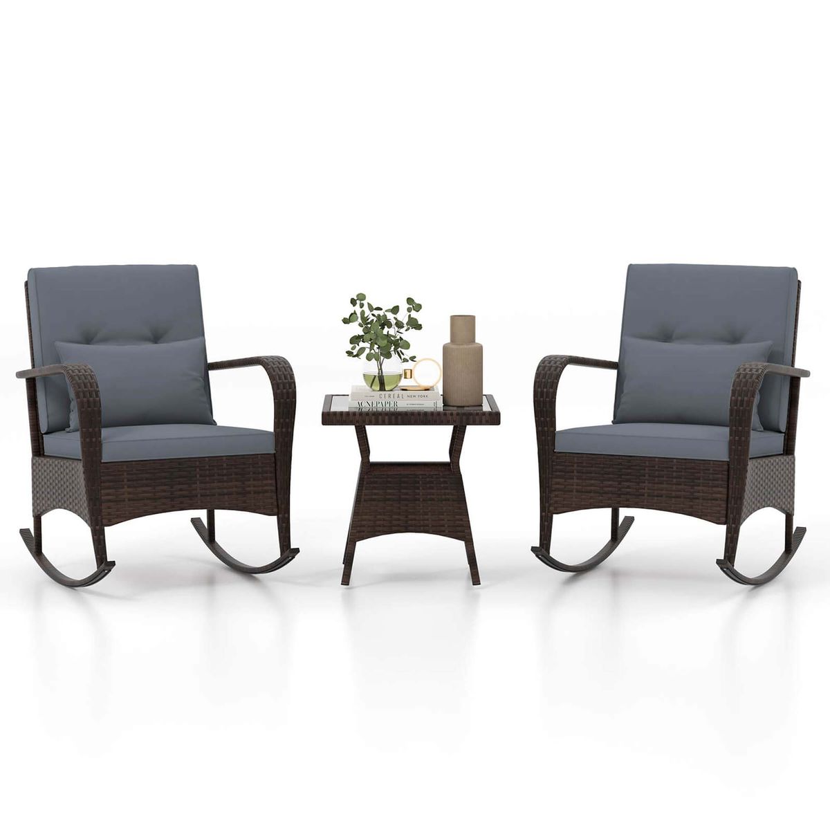 Photos - Garden Furniture Costway 3-Piece Rocking Bistro Set with Removable Cushions - Rocking Bistro Set-GR HCST02441 