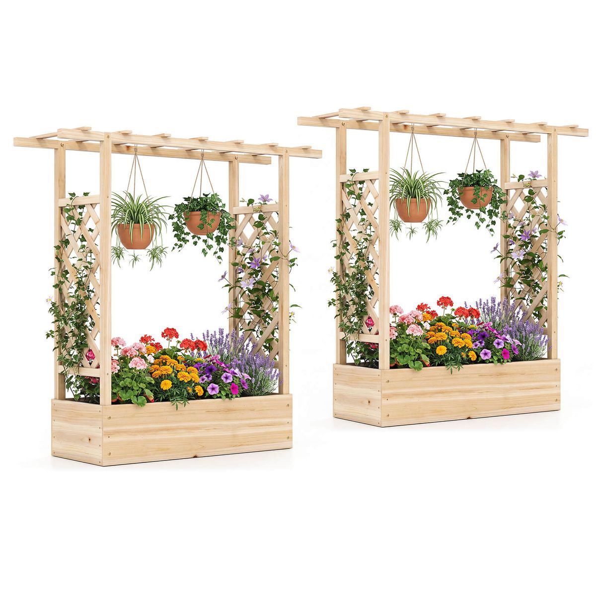 Photos - Flower Pot Costway Wooden Raised Garden Bed with Trellis  - Natural-2 HCST12641 (1- or 2-Pack)