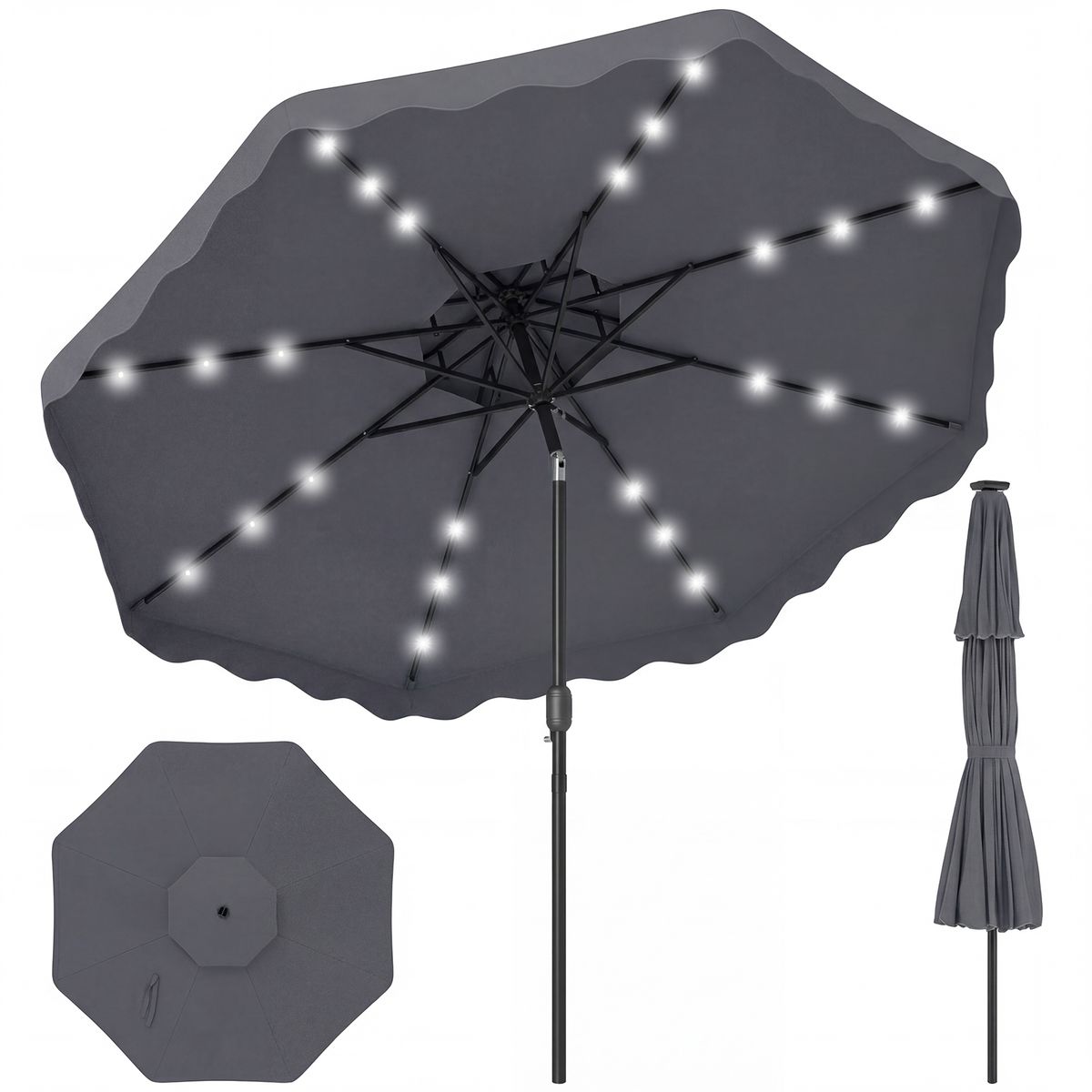 Photos - Parasol Costway Solar LED Patio Umbrella - 9 FT -Gray HCST13906 