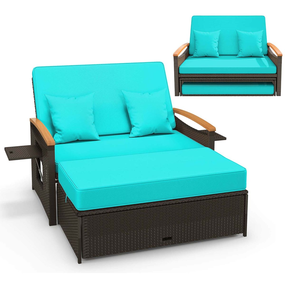 Photos - Garden Furniture Costway Patio Rattan Daybed Set with 4-Level Adjustment - Tur + Mix Brown HCST03651