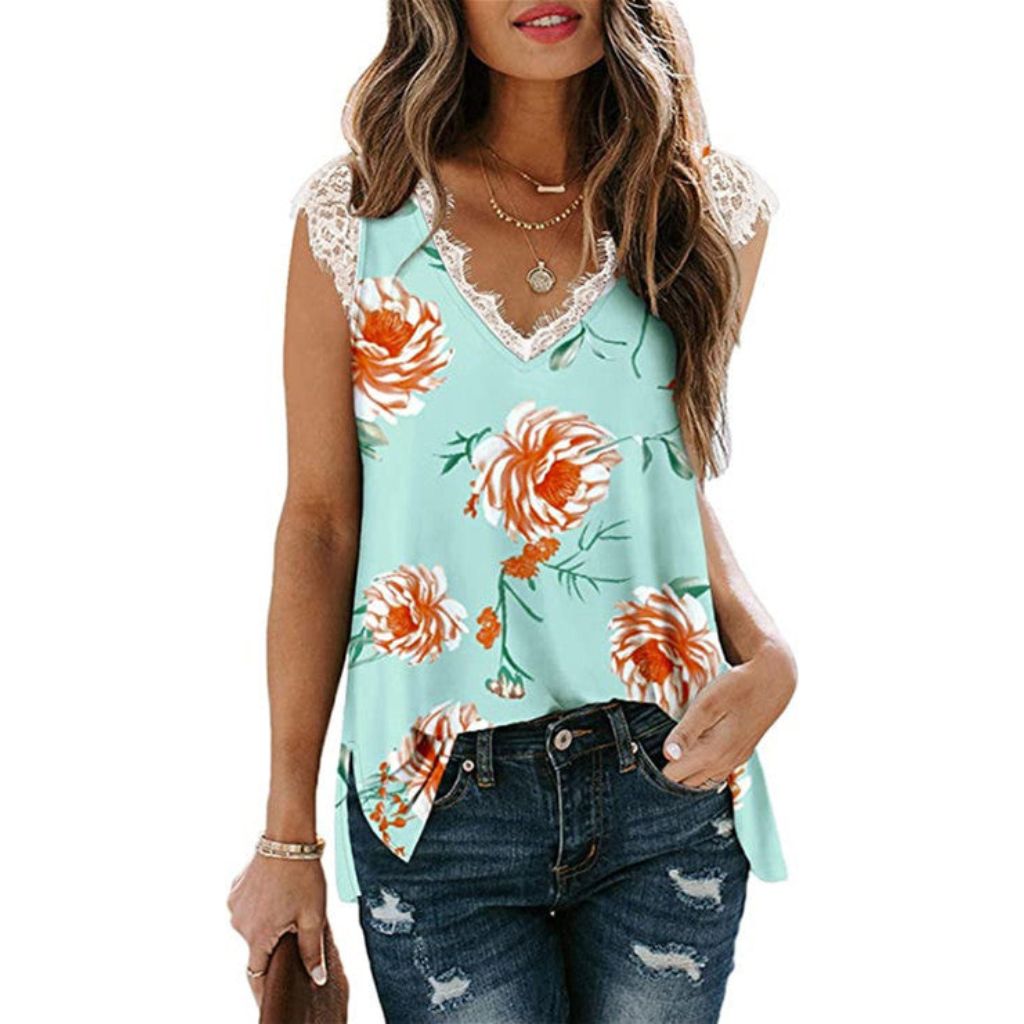 Women's V-Neck Lace Flowy Tee - 2X-Large - Green Floral