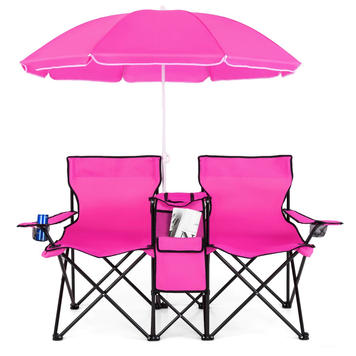 Photos - Outdoor Furniture Costway Folding Double Chair with Umbrella - Pink HCST05318 
