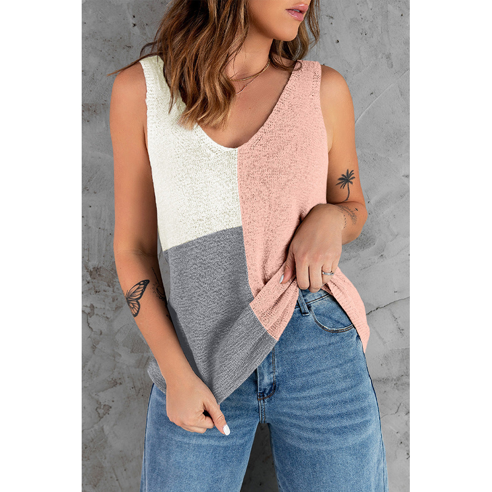 Women's V-Neck Color Block Sweater Knit Tank - PINK / M