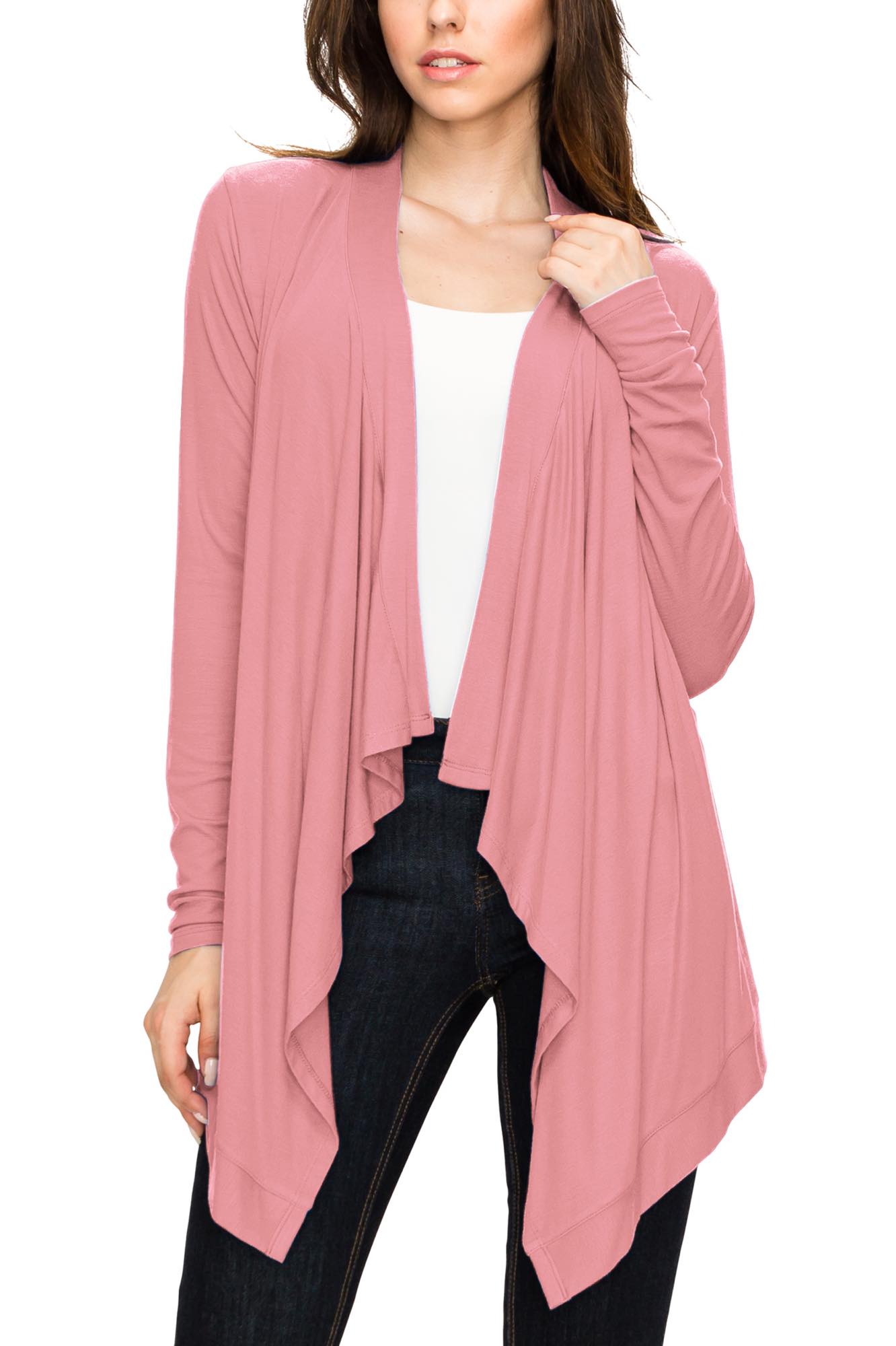 Women's Basic Draped Long Sleeve Open Front Knit Cardigan - PINK / L