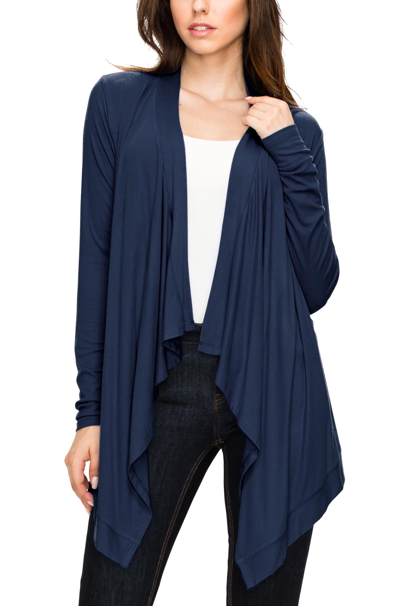 Women's Basic Draped Long Sleeve Open Front Knit Cardigan - NAVY / M