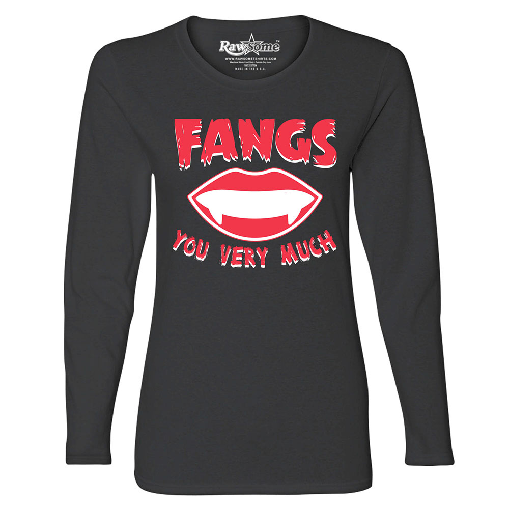 Women's Creepy Scary Halloween Long Sleeve Shirt - Fangs You Very Much - Black / 2XL