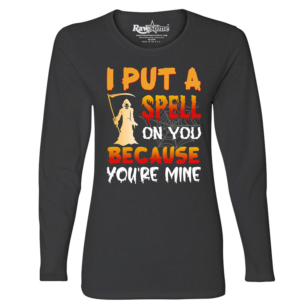 Women's Creepy Scary Halloween Long Sleeve Shirt - I Put a Spell on You - Black / S