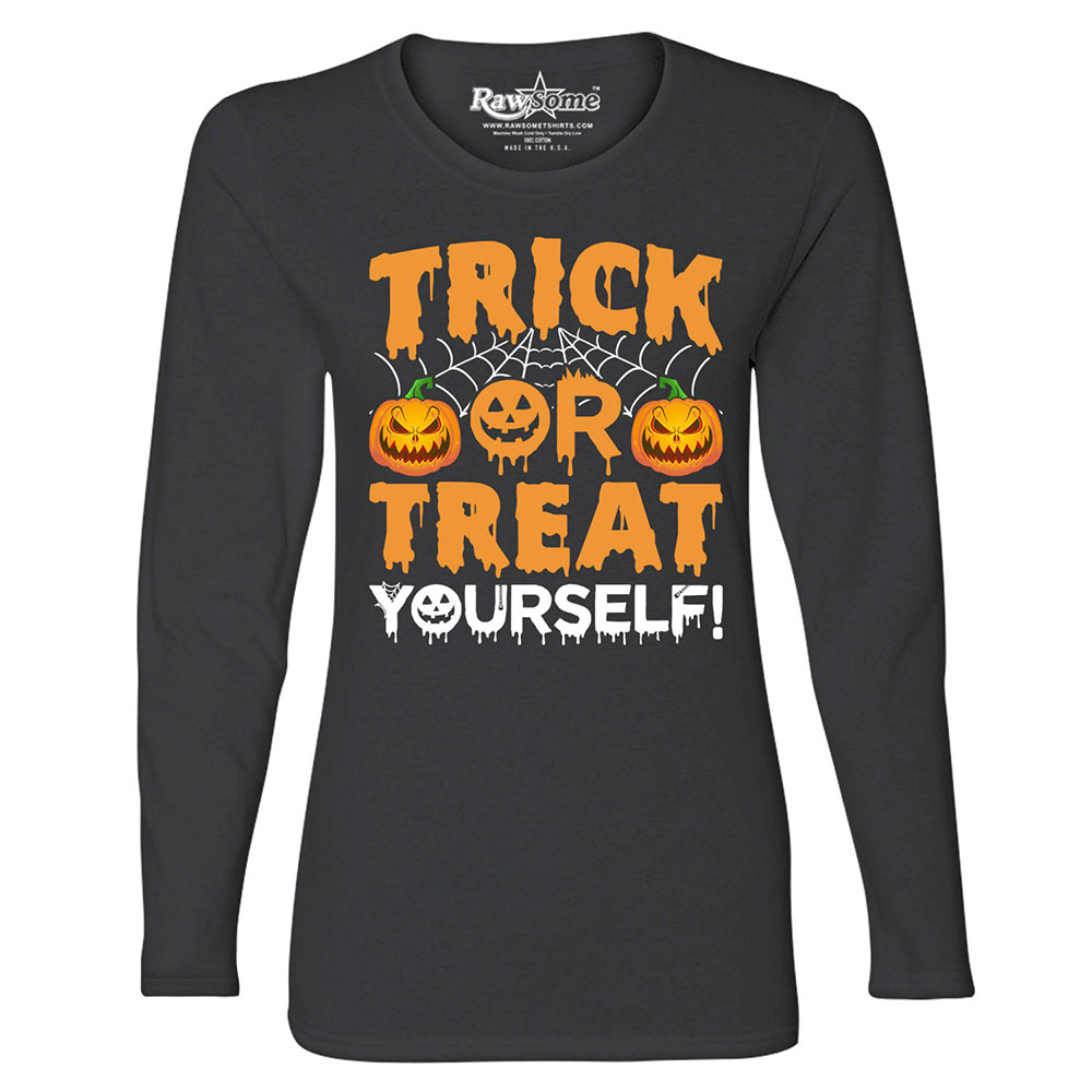 Women's Creepy Scary Halloween Long Sleeve Shirt - Trick or Treat Yourself - Black / 2XL