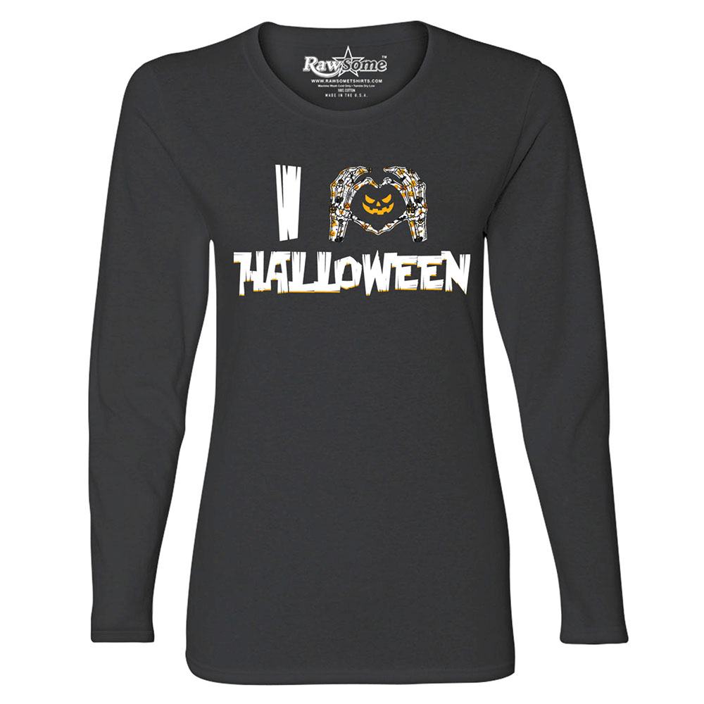 Women's Creepy Scary Halloween Long Sleeve Shirt - I Love Halloween - Black / 2XL