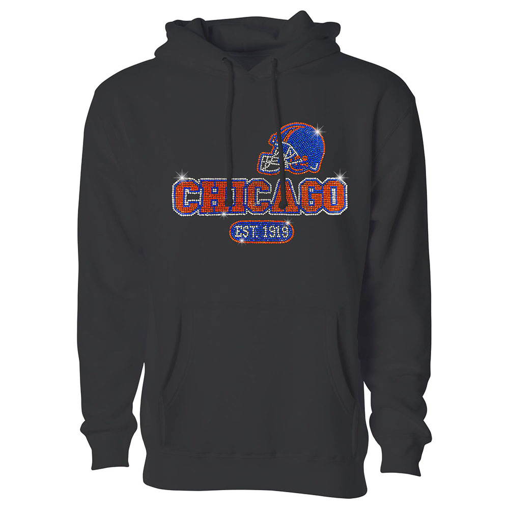 Women's Awesome Football Rhinestone Bling Pullover Hoodie - Chicago - Black / S