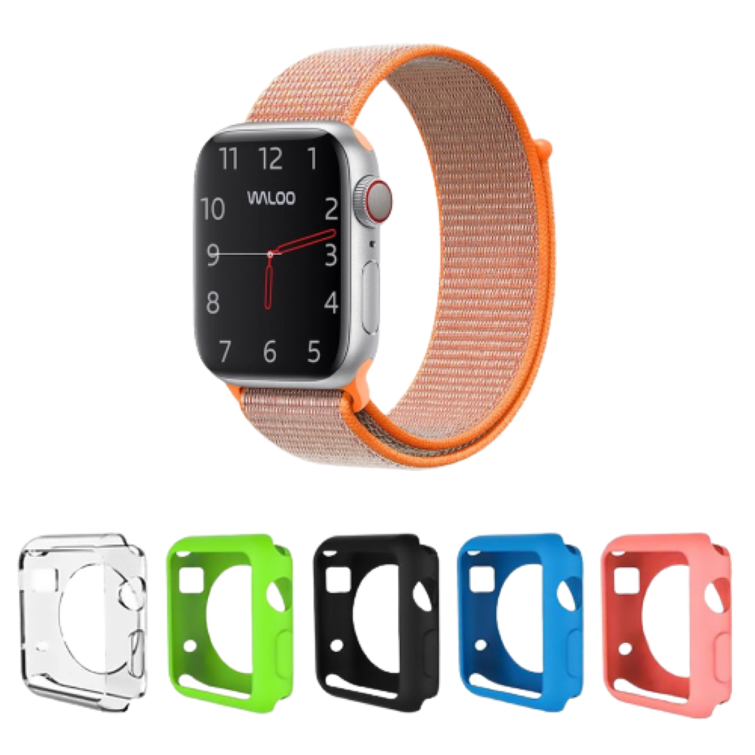 Waloo® Nylon Band for Apple Watch + 5 Deluxe Screen Bumpers - 44mm Orange
