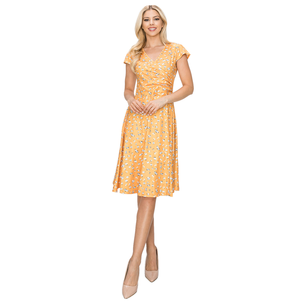 Women's Print V-Neck Skater Dress - Gold Floral - Small