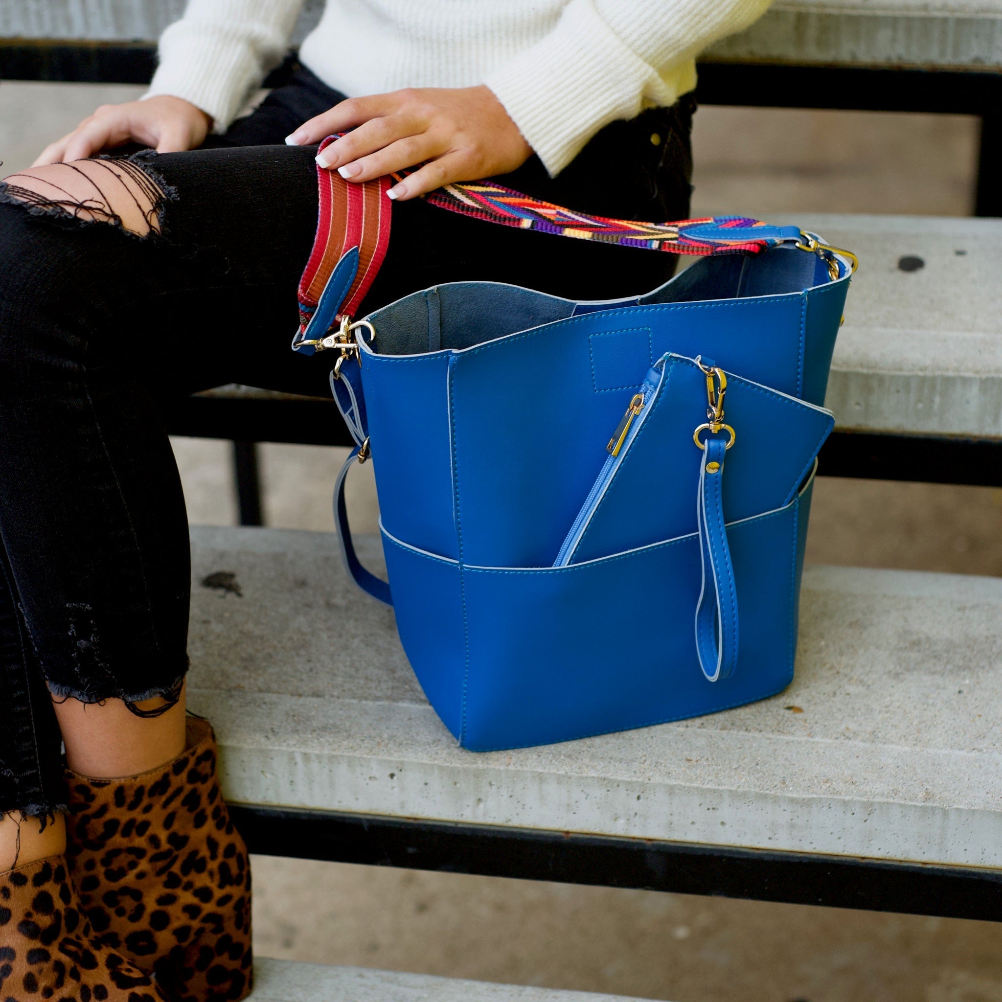 Handbag with Matching Wristlet - Blue