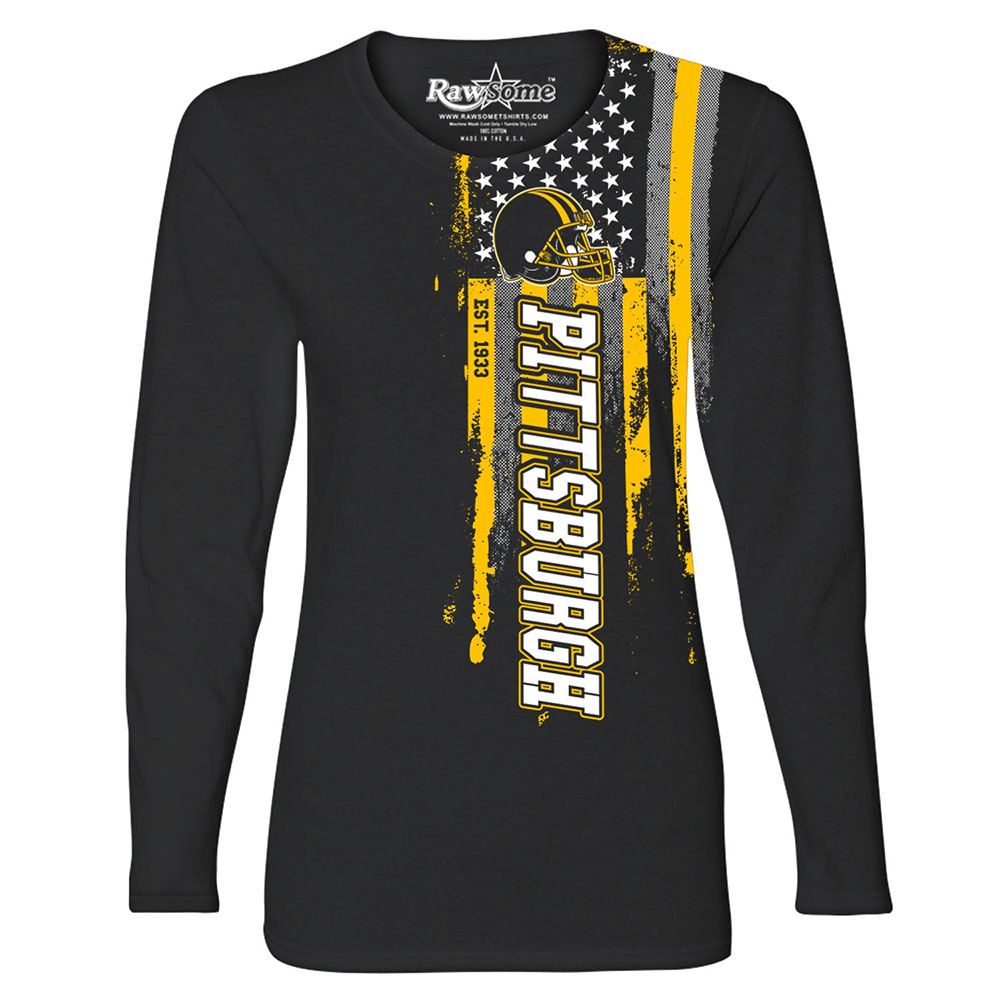 Women's Football USA Flag Black Long Sleeve Shirt - Pittsburgh - Black / 2XL