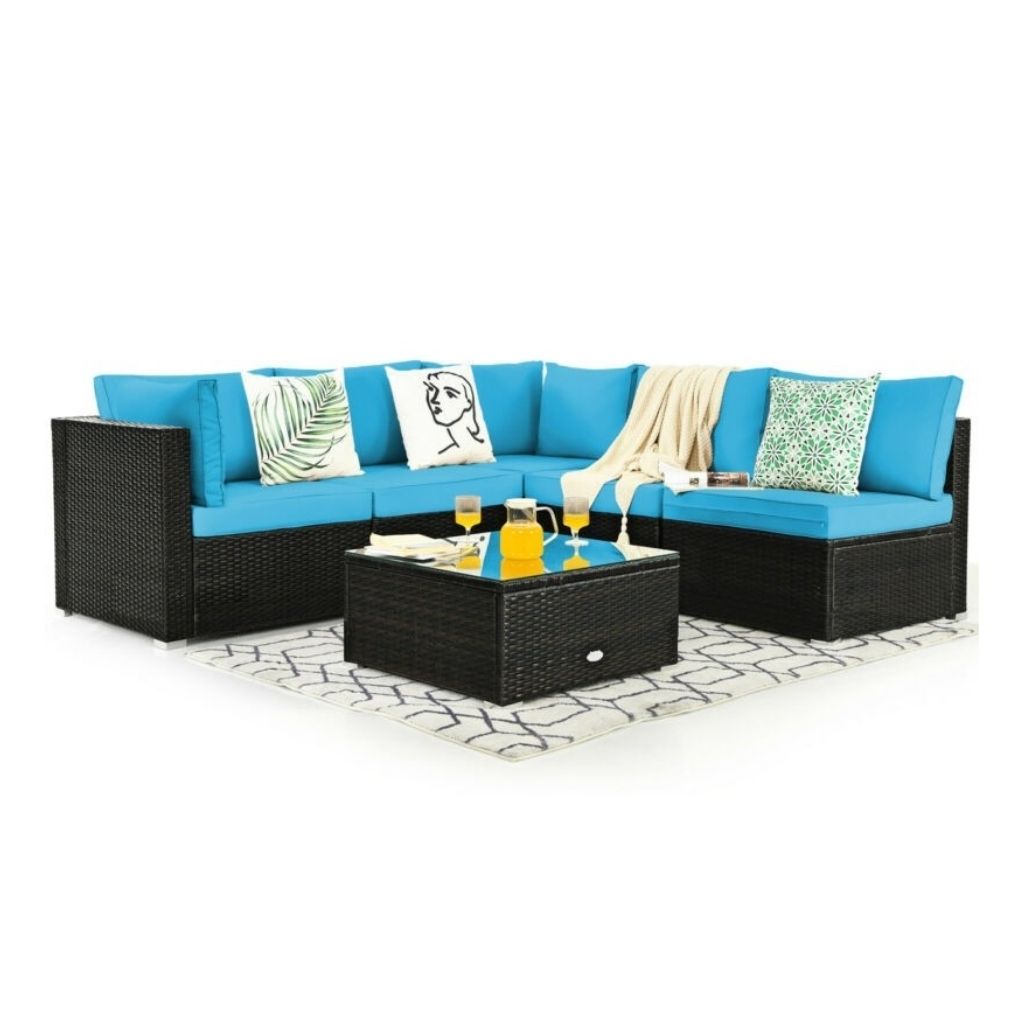 Photos - Garden Furniture Goplus 6-Piece Rattan Patio Furniture Set with Glass Top Table - Turquoise HW67937TU+