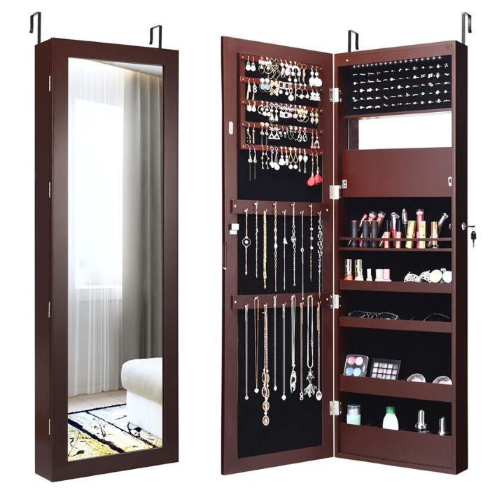 Photos - Wardrobe Costway LED Light Mirror Jewelry Cabinet, Wall- or Door-Mounted - Brown HW 