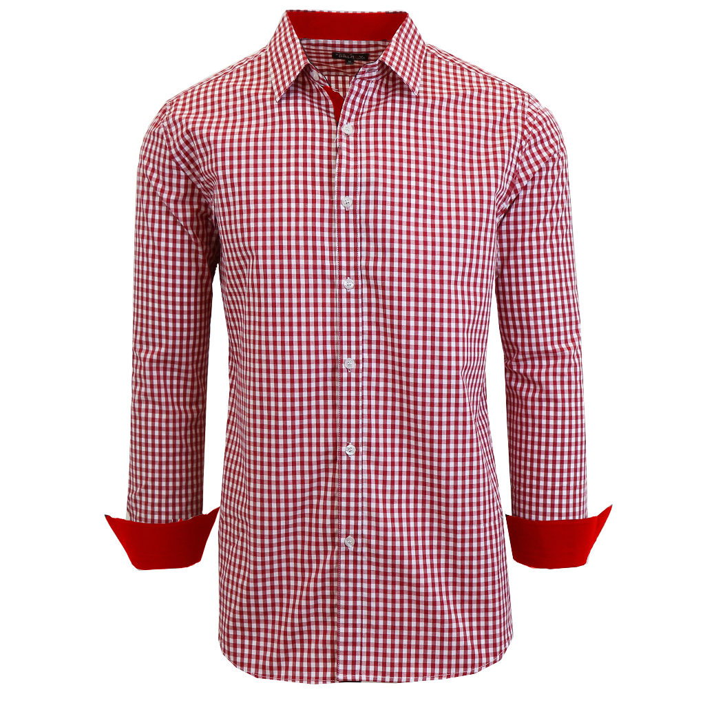 Men's Long Sleeve Slim-Fitting Gingham Pattern Dress Shirt - 2X-Large - Burgundy Red Gingham