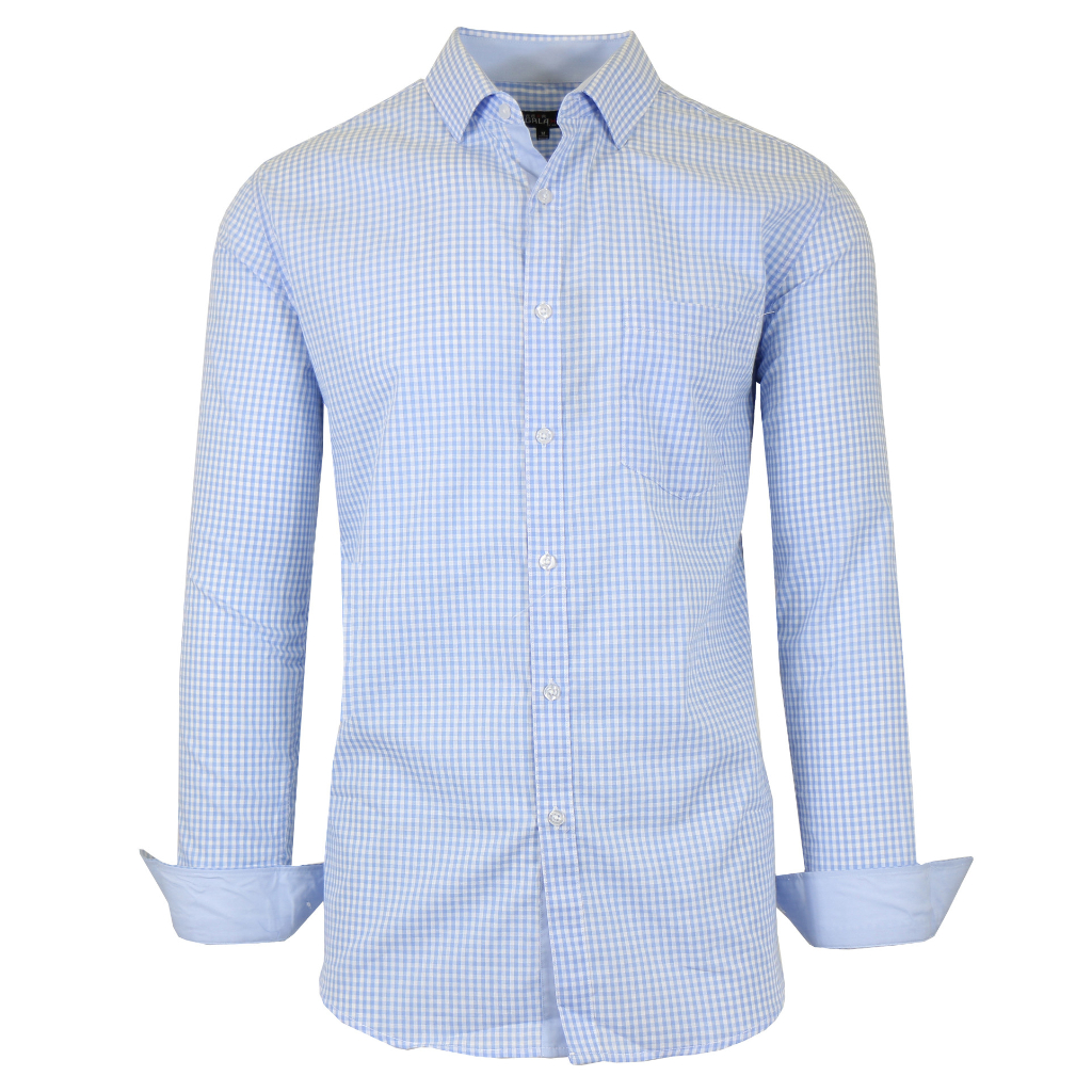 Men's Long Sleeve Slim-Fitting Gingham Pattern Dress Shirt - Large - Light Blue and White Gingham