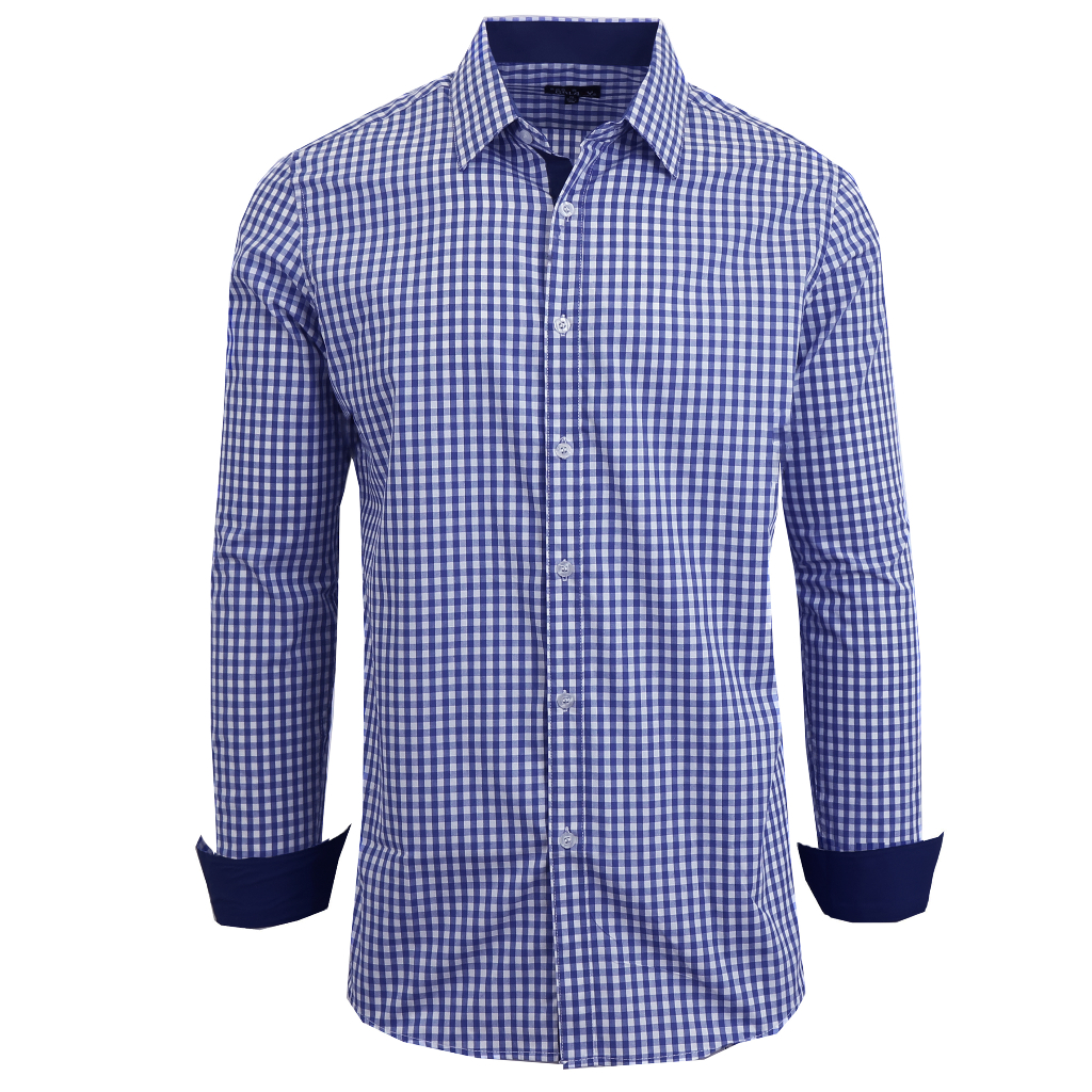 Men's Long Sleeve Slim-Fitting Gingham Pattern Dress Shirt - Large - Navy and White Gingham