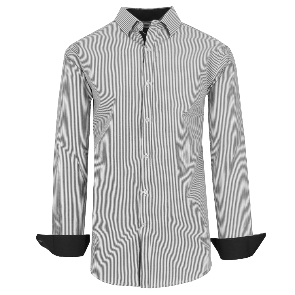 Men's Long Sleeve Slim-Fitting Gingham Pattern Dress Shirt - Large - Black and White Pinstripe